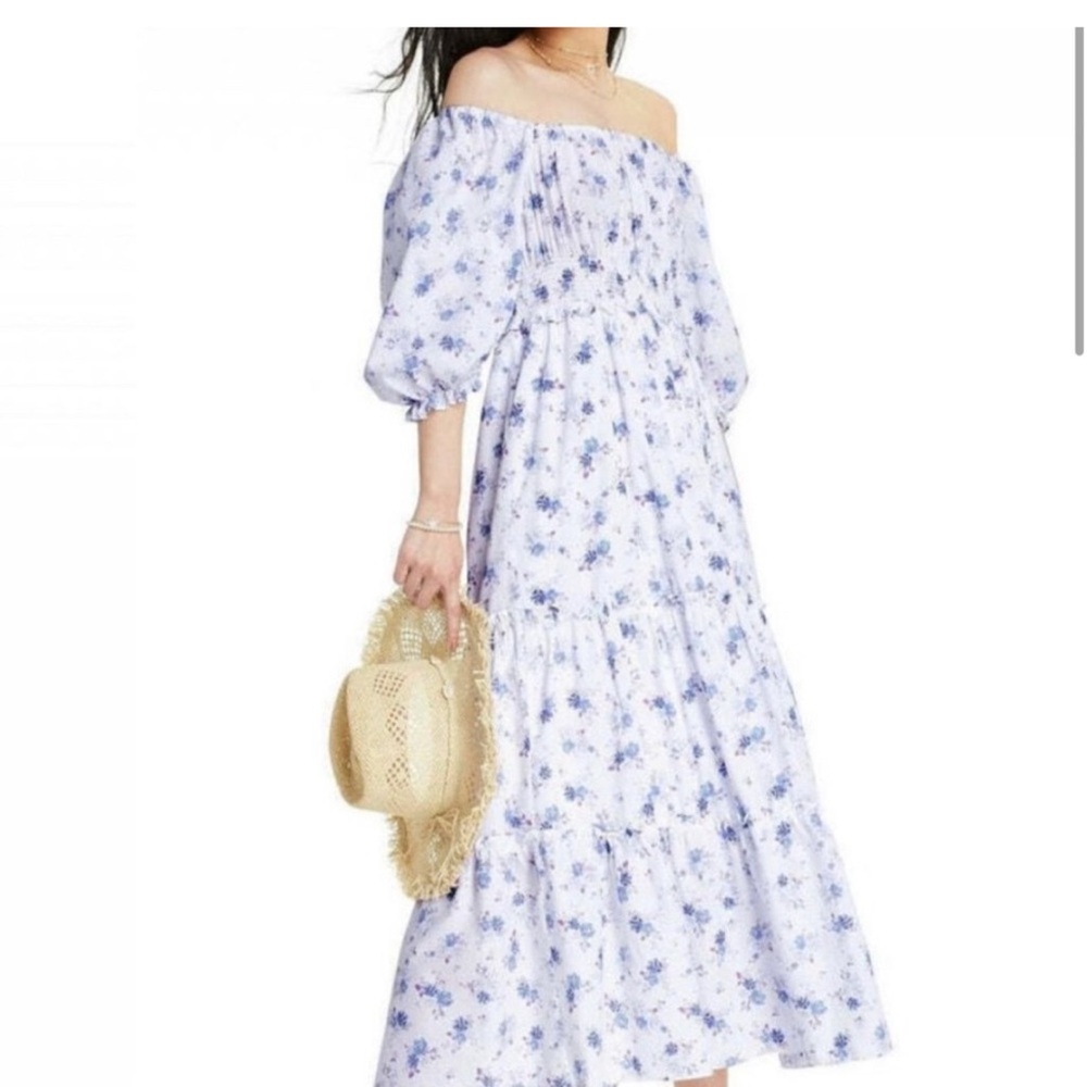Floral Off-Shoulder Dress in Blue and White